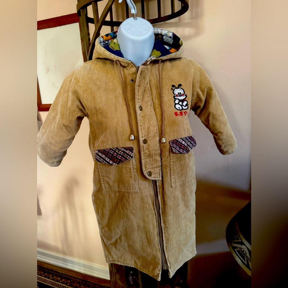Unifox Tan Corduroy Hooded Zip-Up Coat with Cartoon Patch